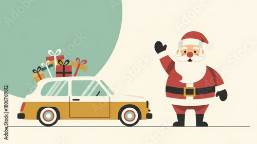 Santa claus waving next to car filled with christmas gifts on light beige backdrop, conveying festive holiday cheer.