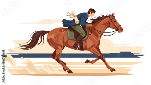 Courier rides a galloping horse across the desert, carrying important documents with urgency and determination in a historical setting.