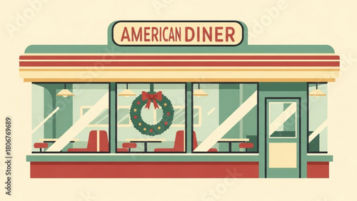 Retro american diner decorated with christmas wreath stands on a quiet street corner, evoking a nostalgic and festive atmosphere during the holiday season.