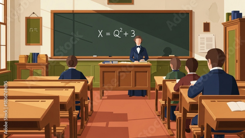 Teacher explains algebra equation to students in classroom during lesson, fostering an environment of learning and intellectual curiosity.