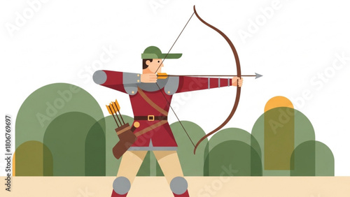 Archer aiming bow and arrow at target in forest clearing with focused expression, ready for competition in medieval fantasy setting.