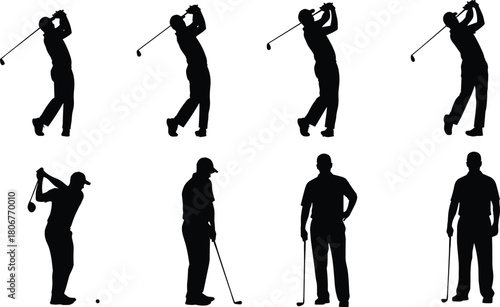 Golfer silhouette collection showing swing, stance, putting and professional golf poses for sports training, athletic action illustration and outdoor game design