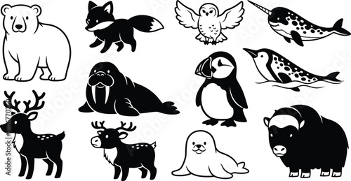 Arctic and Antarctic Animal Silhouettes and Illustrations in Black and White polar bear