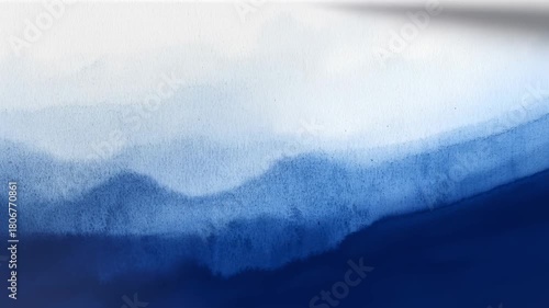 Abstract blue watercolor landscape with layered mountains, soft fog, and a tranquil gradient sky in deep navy to cerulean tones, creating atmospheric nature art