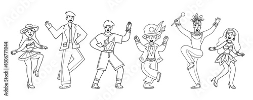 Carnival Dancers Doodle set. Outline Men and Women in in Masquerade costumes. Isolated Hand drawing. Vector Illustration. Festive Party, lively holiday spirit and rhythmic celebration. Not AI