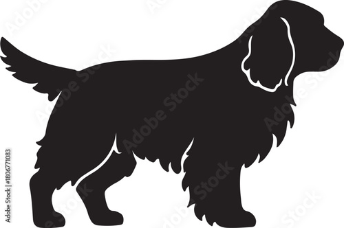 A simple black silhouette of a resting dog in a relaxed pose