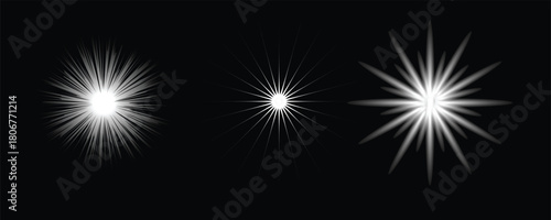 Set of bright white light effects, lens flares, and starbursts