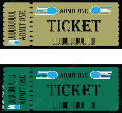 Admit one tickets for event entry, gold and green versions, stub