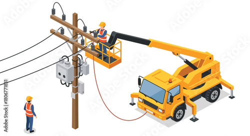 Electricians performing maintenance on overhead power lines with a bucket truck