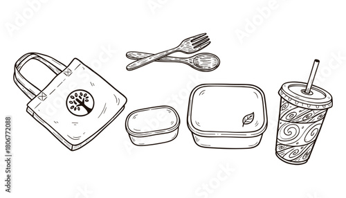 Eco Friendly Takeaway Set Doodle Style Vector Illustration, Lunch Boxes, Coffee Cup & Cutlery Illustration, Sketch doodle style ink illustration
