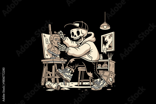 Skeleton artist sculpting a bust in a studio setting.