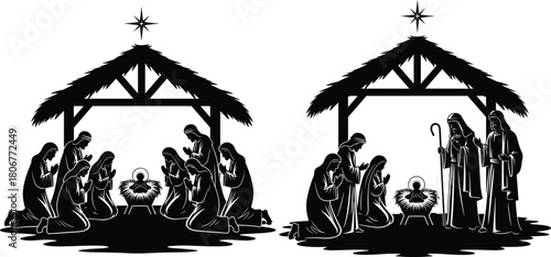 Nativity scene silhouette collection featuring Mary, Joseph, shepherds and baby Jesus in manger with star, Christmas religious illustration for holiday artwork