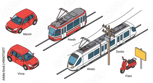 Isometric illustration showcasing various modes of urban transportation vehicles