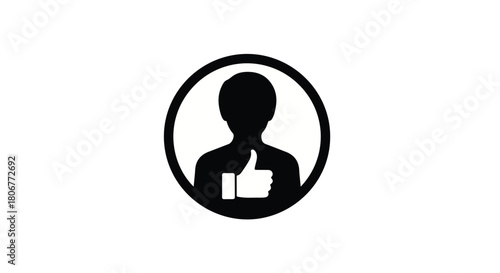 Silhouette of a person with a thumbs up inside a circle, representing approval or a positive review.