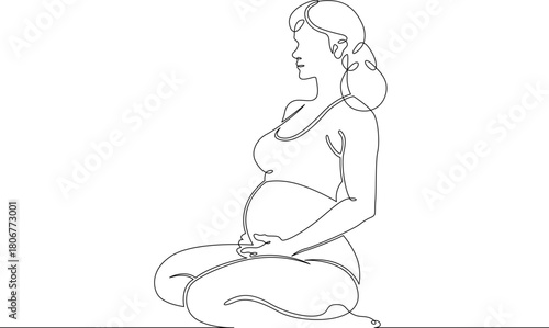 Continuous single line drawing pregnant woman sitting.Beautiful pregnant girl meditating.Yoga for pregnant women.Linear.One continuous line isolated minimalist illustration. Not AI.