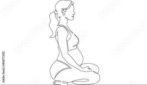 Continuous single line drawing pregnant woman sitting.Beautiful pregnant girl meditating.Yoga for pregnant women.Linear.One continuous line isolated minimalist illustration. Not AI.
