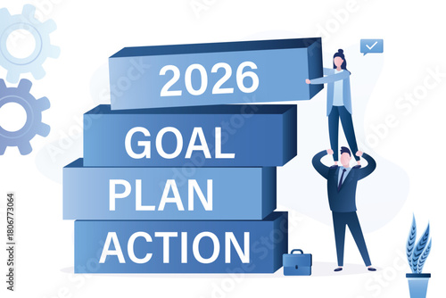 Business team putting blocks into pyramid. Goal, action and plan, process to implement business, strategy plan for career improvement in 2026 year, increase efficiency