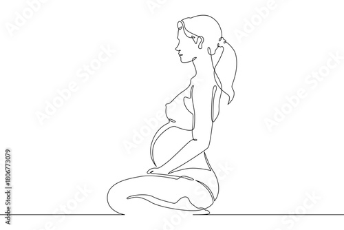 Continuous single line drawing pregnant woman sitting.Beautiful pregnant girl meditating.Yoga for pregnant women.Linear.One continuous line isolated minimalist illustration. Not AI.