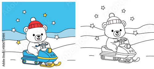 Cute Polar Bear on Snowmobile - Winter Adventure Coloring Page