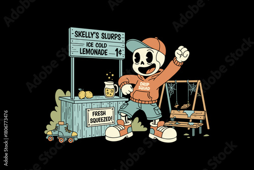 Skeleton character selling ice cold lemonade at a stand.