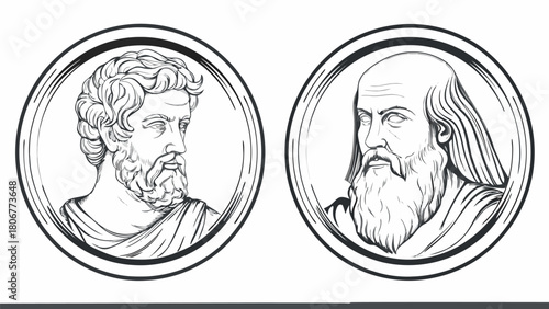 Iconic philosophers in detailed line art, perfect for history lessons and educational materials, vintage style