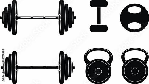 Fitness icons for gym, weights and strength training featuring barbells and kettlebells for power workouts