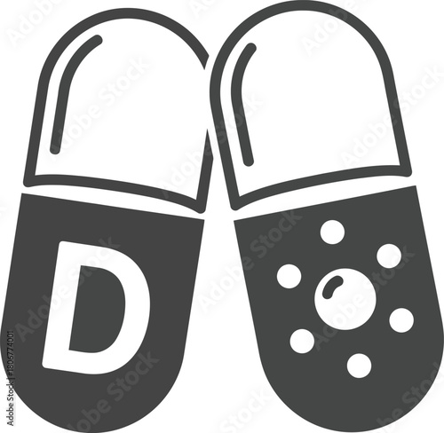 Two stylized capsules one labeled d representing vitamins and supplements for health and wellness. vector