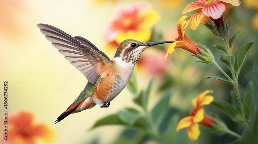 Fototapeta premium A close-up photograph of a hummingbird in mid-flight, captured in sharp detail against a soft, blurred background.