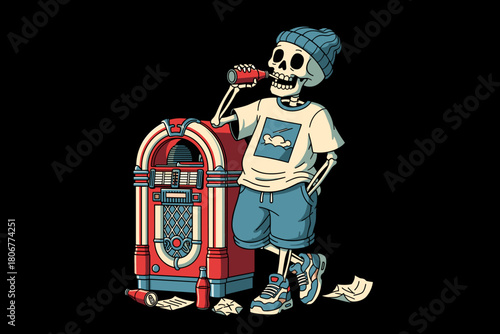 Skeleton enjoying a drink next to a vintage jukebox.