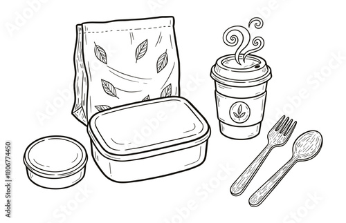 Eco Friendly Takeaway Set Doodle Style Vector Illustration, Lunch Boxes, Coffee Cup & Cutlery Illustration, Sketch doodle style ink illustration