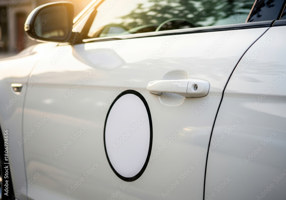 Fototapeta premium Round magnetic car sign mockup on white vehicle door for taxi service branding and auto business logo advertisement display