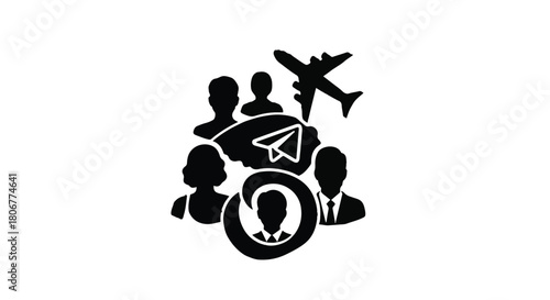 Diverse group of people planning a trip or business travel with airplane icon