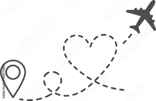 Airplane heart route travel destination pin location love journey flight path air transport concept vector