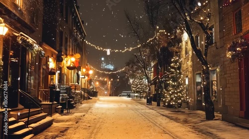 Cozy snow-covered street at night illuminated by warm lanterns and twinkling holiday lights, empty sidewalks, snowfall, and a charming urban alley creating a welcoming winter mood