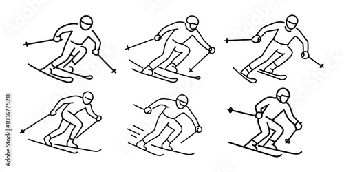 Set of alpine skiers in dynamic poses, showcasing downhill winter sport action and mountain adventure.