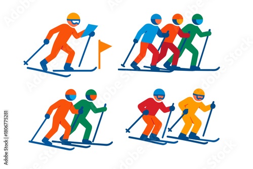 Cross-country skiing team and orienteering concept – colorful icons for winter sports, teamwork, navigation, and outdoor activities. Vector illustration.