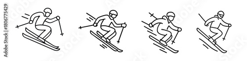 Freestyle skiing action icons – dynamic winter sport symbols for extreme sports, adventure travel, and active lifestyle designs. Vector illustration.