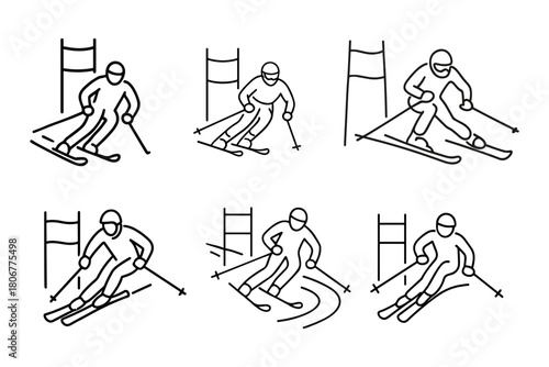 Alpine skiing slalom icons – set of downhill racing illustrations for winter sports, speed competition, and active lifestyle projects. Vector illustration.