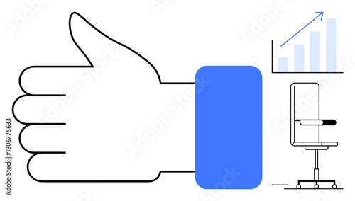 Large thumbs-up hand, a minimalist office chair, and an upward growth chart representing workplace improvement. Ideal for leadership, productivity, business growth, support, teamwork, positivity