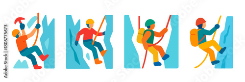 Ice climbing and canyoning illustrations – colorful extreme adventure icons for mountaineering, survival training, and outdoor expedition designs. Vector illustration.