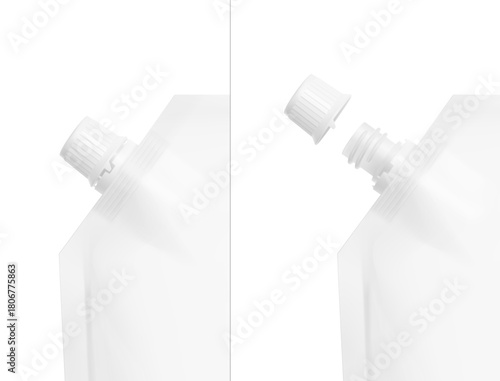 Realistic closed and twisted corner spout mockup for stand pouch bag. Vector illustration isolated on white background. Front view. Can be use for template your design, presentation, promo, ad. EPS10.