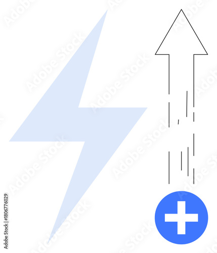 Blue lightning bolt alongside an arrow pointing upward with a plus sign, symbolizing energy, growth, improvement, motivation, health, success, and progress. Ideal for business tech health