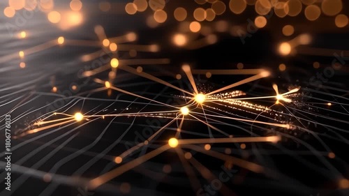 Futuristic network of glowing orange nodes interconnected by illuminated lines, forming a dynamic web of connectivity and data visualization in a dark abstract scene