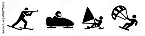 Winter extreme sports icons set – biathlon, bobsleigh, ice sailing, and snowkiting symbols for adventure, speed, and cold weather activities. Vector illustration.