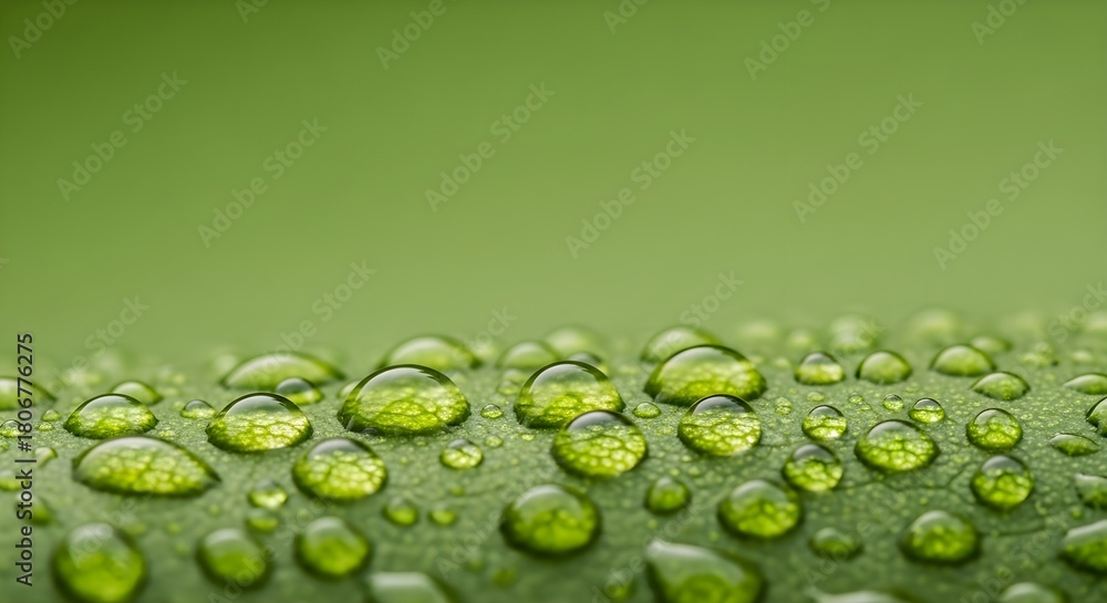 Fototapeta premium Closeup of fresh green leaf with glistening water droplets.