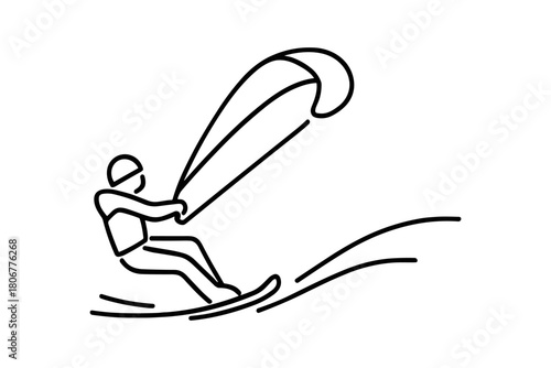 Snowkiting icon – extreme winter sport with skier riding powered by a large kite in snowy terrain. Vector illustration.