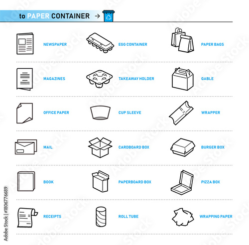 Icon sheet for recycling paper containers. Vector elements are made with high contrast, well suited to different scales and on different media. Ready for use in your design. EPS10.