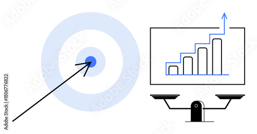 Arrow pointing at bullseye, scales implying fairness, bar chart showing progress. Ideal for goals, strategy, growth, success, balance financial analysis productivity. Minimal simple flat metaphor