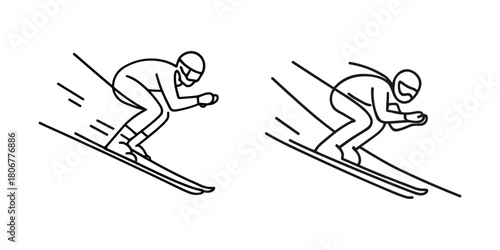 Downhill skiing athletes – high-speed alpine skiers racing downhill in aerodynamic stance. Vector illustration.