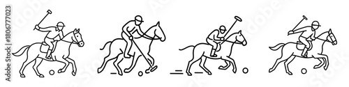 Horse polo players in action – equestrian sport icons with riders swinging mallets. Dynamic line style vector illustration.